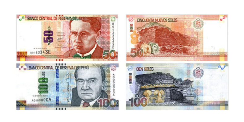 anverso y reverso de billetes de 50 y 100 soles peruanos
