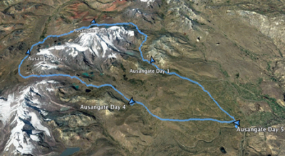 Ausangate Trek Peru - Birdseye view with ausangate trek outlined on map